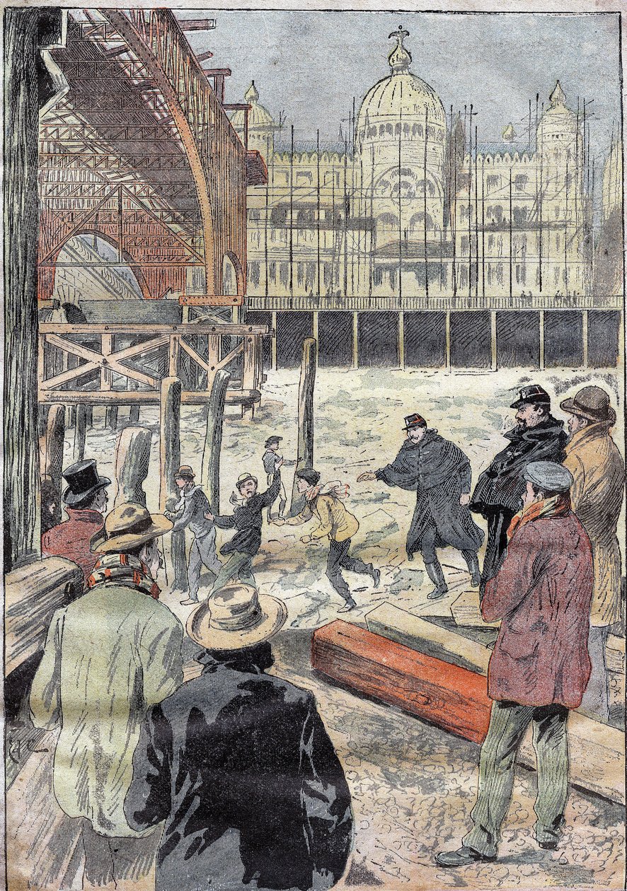 La Seine gelee, nära järnbron som byggdes för den universella utställningen, bredvid Pont des Invalides, vintern 1899. Gravyr i "" Le Pelerin"" 31/12/1899. av French School