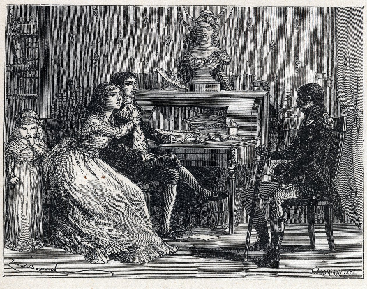 La Terreur under den franska revolutionen: Camille Desmoulins (1760-1794), fängslad, fick besök av sin fru Lucile (1770-1794) och marekan Guillaume Brune (1763-1815) av French School