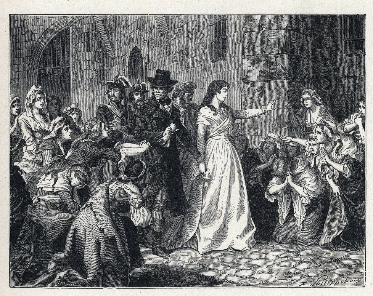 La Terreur under den franska revolutionen: Madame Jeanne Marie Roland de la Platiere (1754-1793) lämnar Concierge-fängelset för att gå inför revolutionsdomstolen 1793. Hans företrädare knäböjer på hans väg. av French School