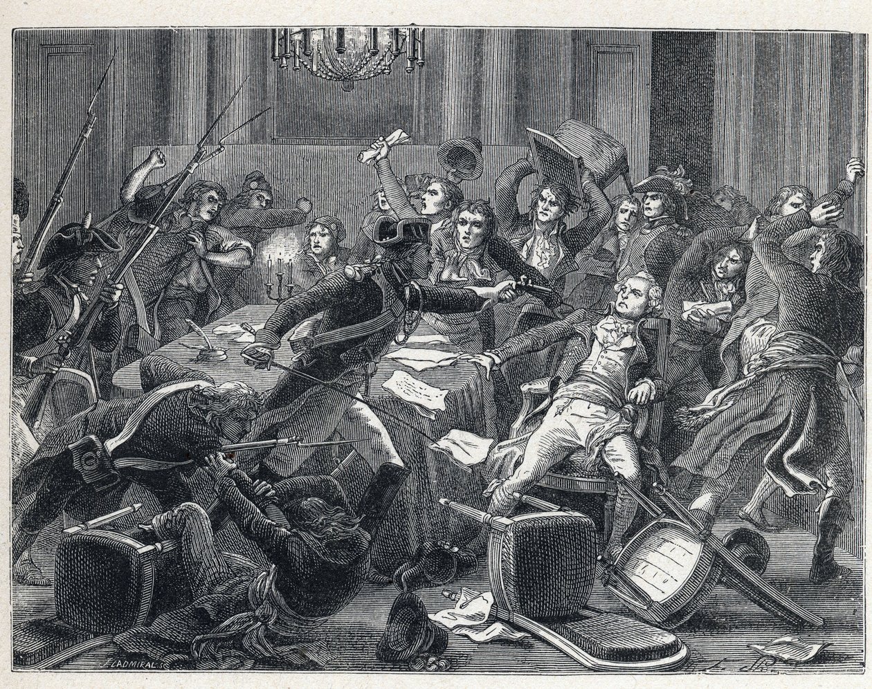 La Terreur under den franska revolutionen: arrestering av Maximilian de Robespierre (1758-1794) och hans anhängare återförenades på Hotel de Ville de Paris den 9 Thermidor år II (27 juli 1794). I mitten avfyrade en gendarm en pistol mot Robespierre (1758-1 av French School