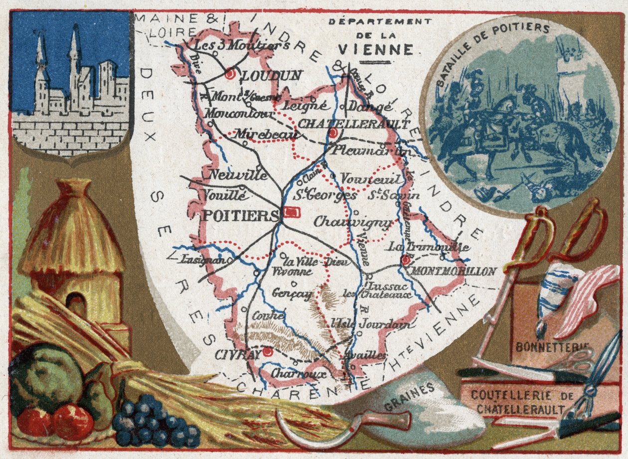 La Vienne (86), Poitou-Charentes (Poitou Charentes), Frankrike. Frön, Chatellerault bestick och strumpor. Serie om de franska departementen. Kromolitografi (Chromo) "" den geografiska tråden"", ca 1920. Privat samling. av French School