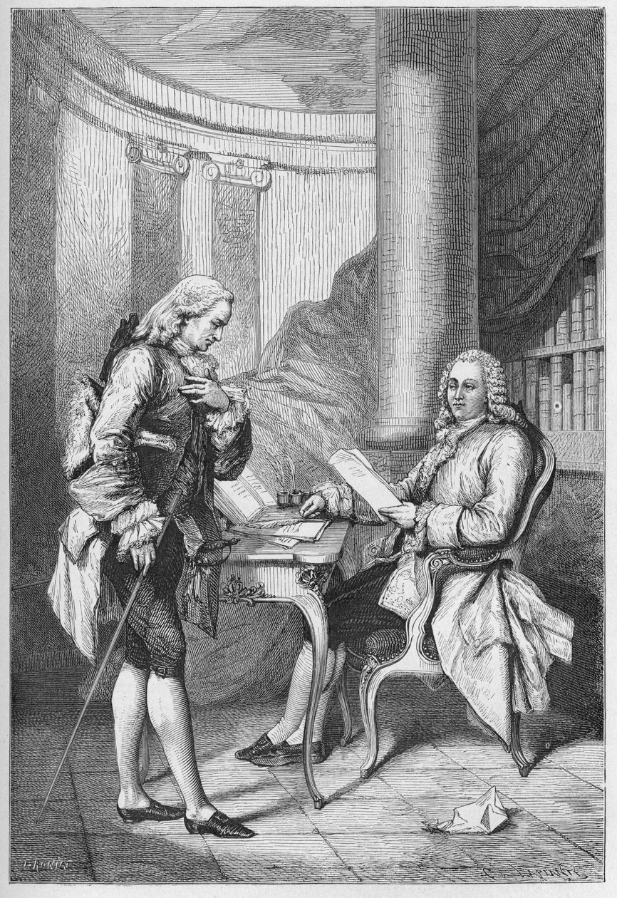 La demission de Turgot 1776 - Ludvig XVI (1754-1793), kung av Frankrike, och Anne Robert Jacques Turgot (1727-1781) - Turgots avskedande - gravyr från "" L