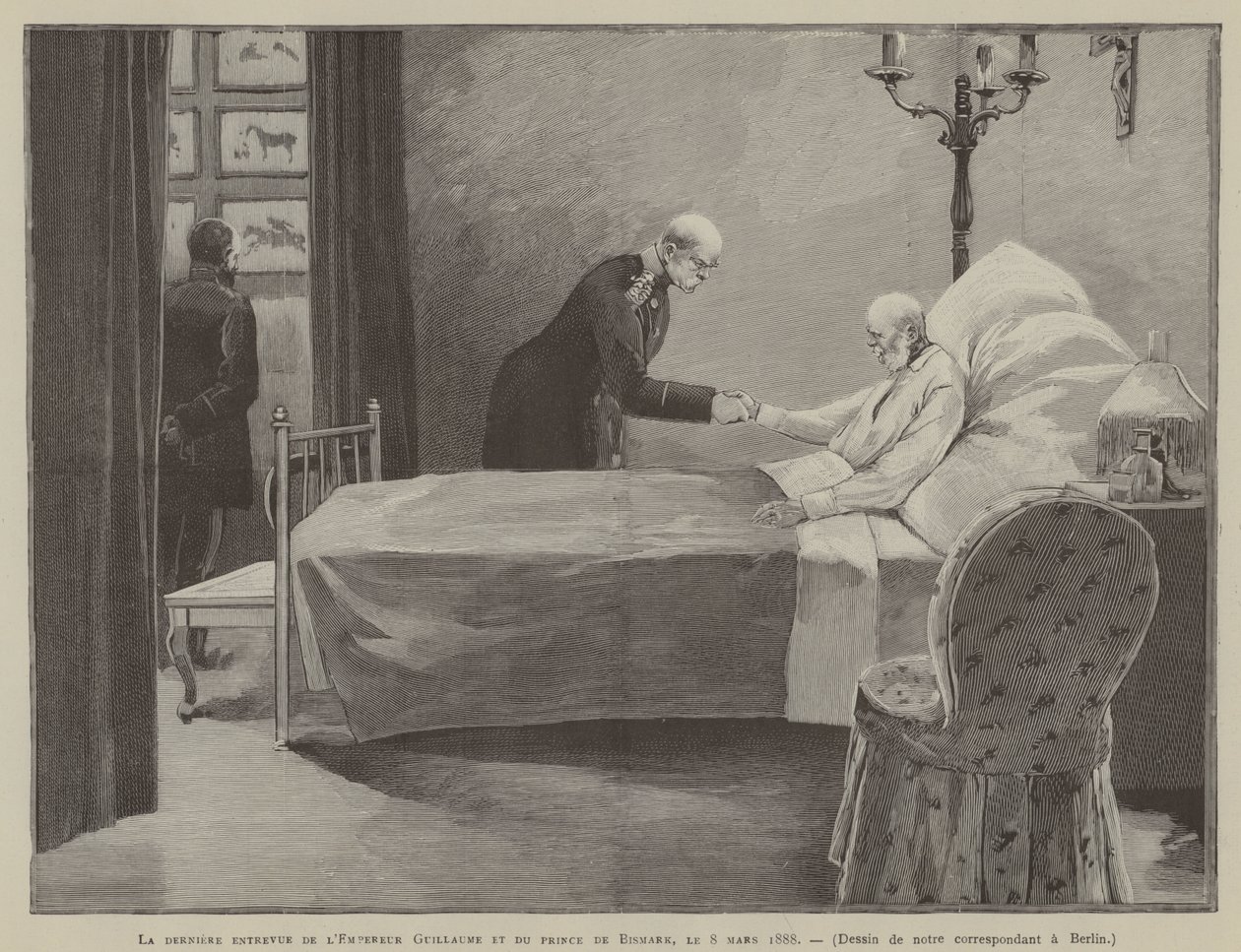 Det sista mötet mellan kejsar Wilhelm och prins Bismark, 8 mars 1888 (gravyr) av French School