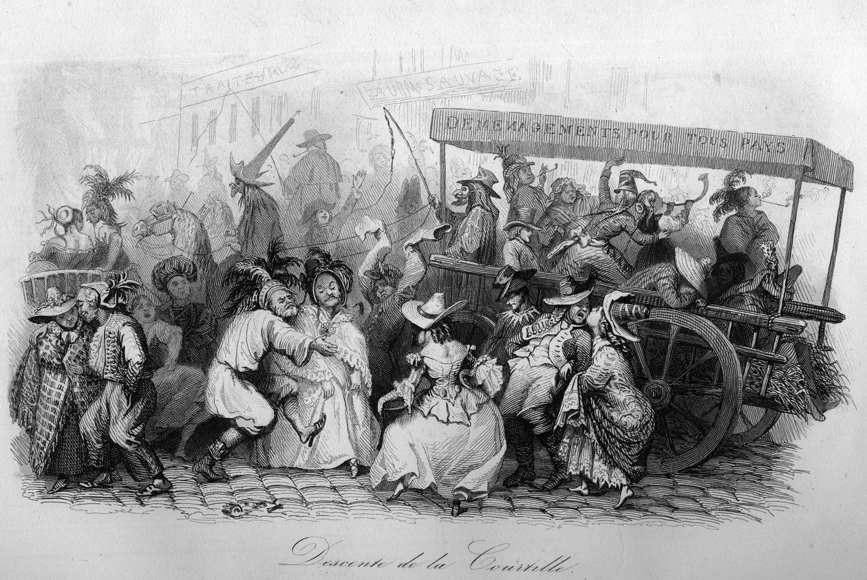 Descent of the courtille (“Le carnival”” sång av Marc-Antoine Madeleine Desaugiers) i “” - CHANS och CHANS POPULES DE LA FRANCE - 1843 - H.- L. DELLOYE, förläggare, LIBRAIRIE DE GARNIER. av French School