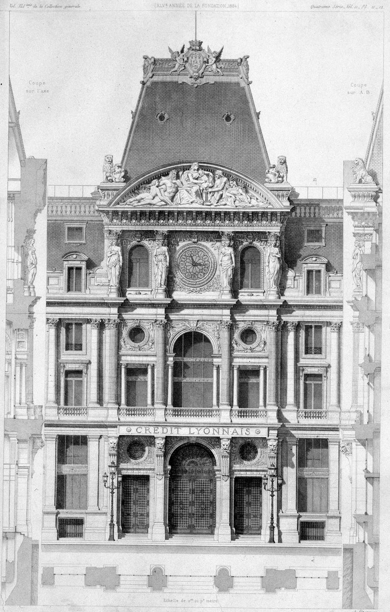 Fasaden på Crédit Lyonnais, bd des Italians - gravyr, 1900-tal av French School