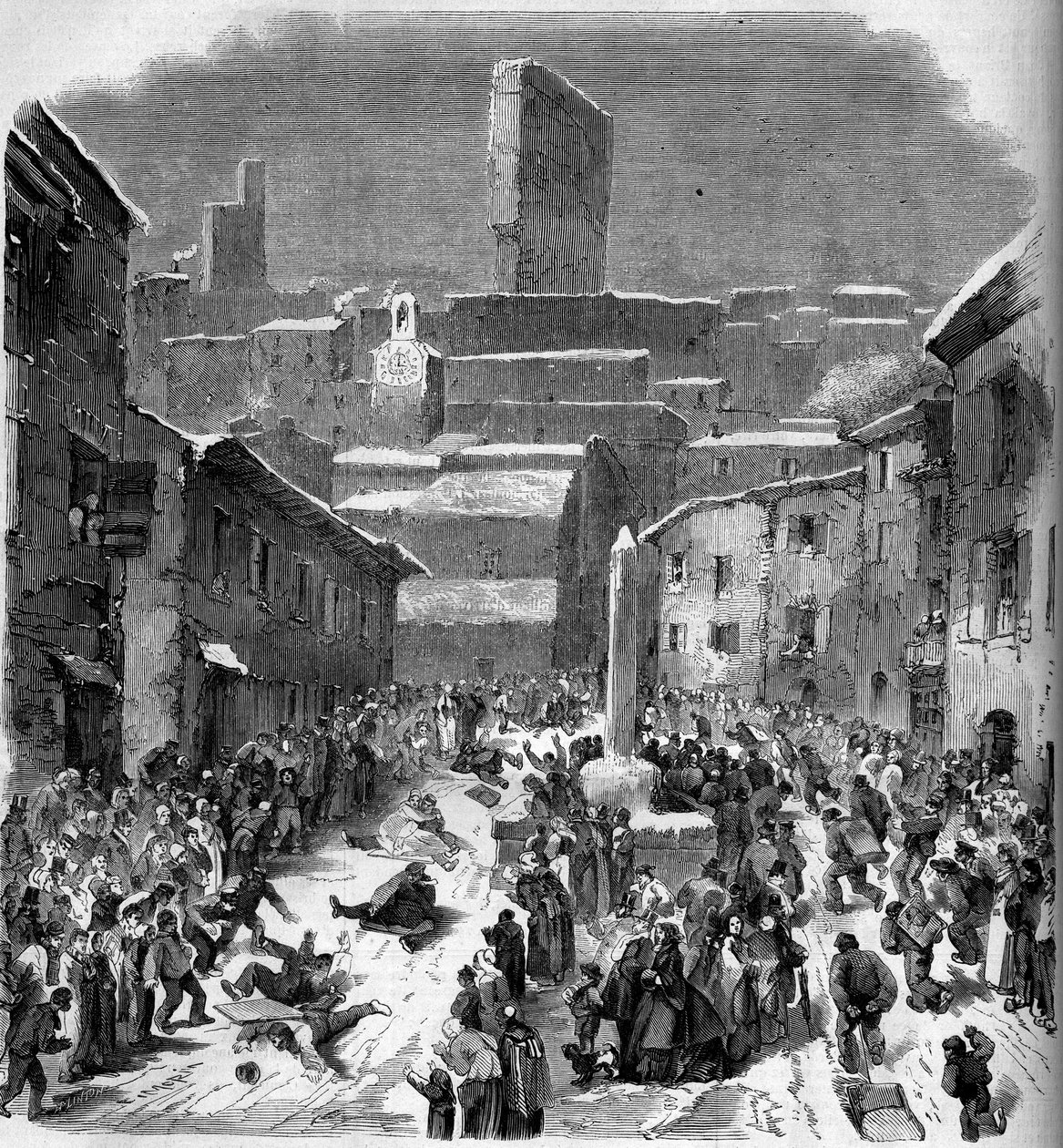 Rutschkanan i barriots (sledding) i Bourdeaux, Drome (26), vintern 1860. Gravyr i "" Le Monde Illustré"" nr 149 av 18 februari 1860. av French School