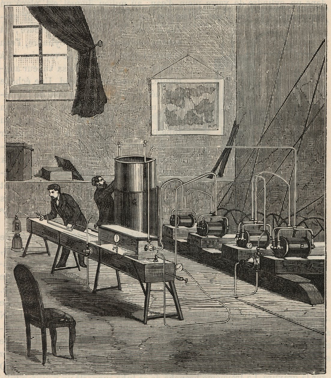La liquefaction des gaz dans le laboratoire de Raoul Pictet (1878) - Raoul Pierre Pictet (1846-1929) schweizisk fysiker, genomför ett experiment för att kondensera och stelna vätgas, och studerade egenskaper hos ämnen vid låga temperaturer - Gravyr i "Scie av French School