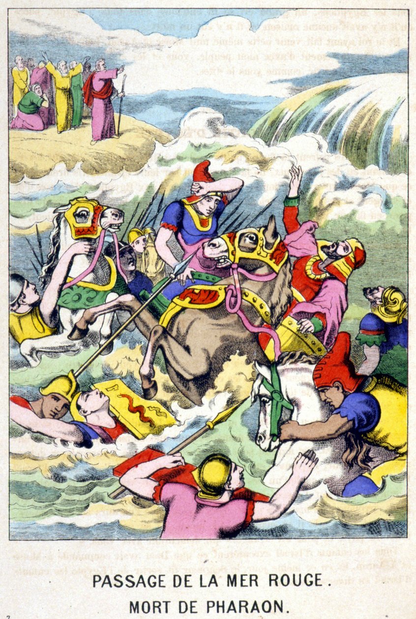 Faraos död vid korsningen av Röda havet - i "" Life of Moses "", red. Olivier Pinot, Epinal, sent 1800-tal av French School