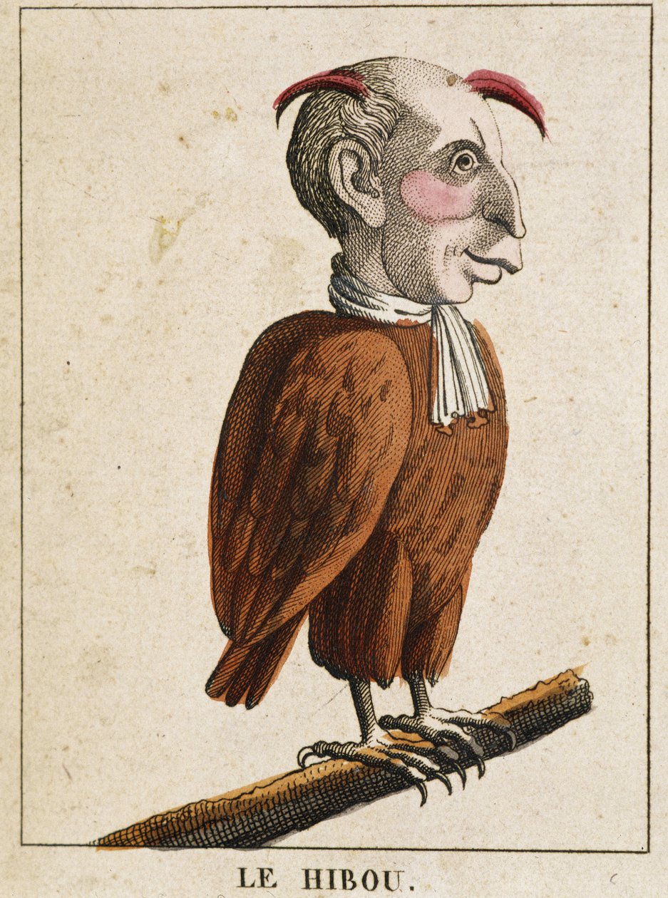 La uggla i karikatyr, studie av karaktären "" volatile caracterise"" sd. 19:e, populärt bildspråk. av French School