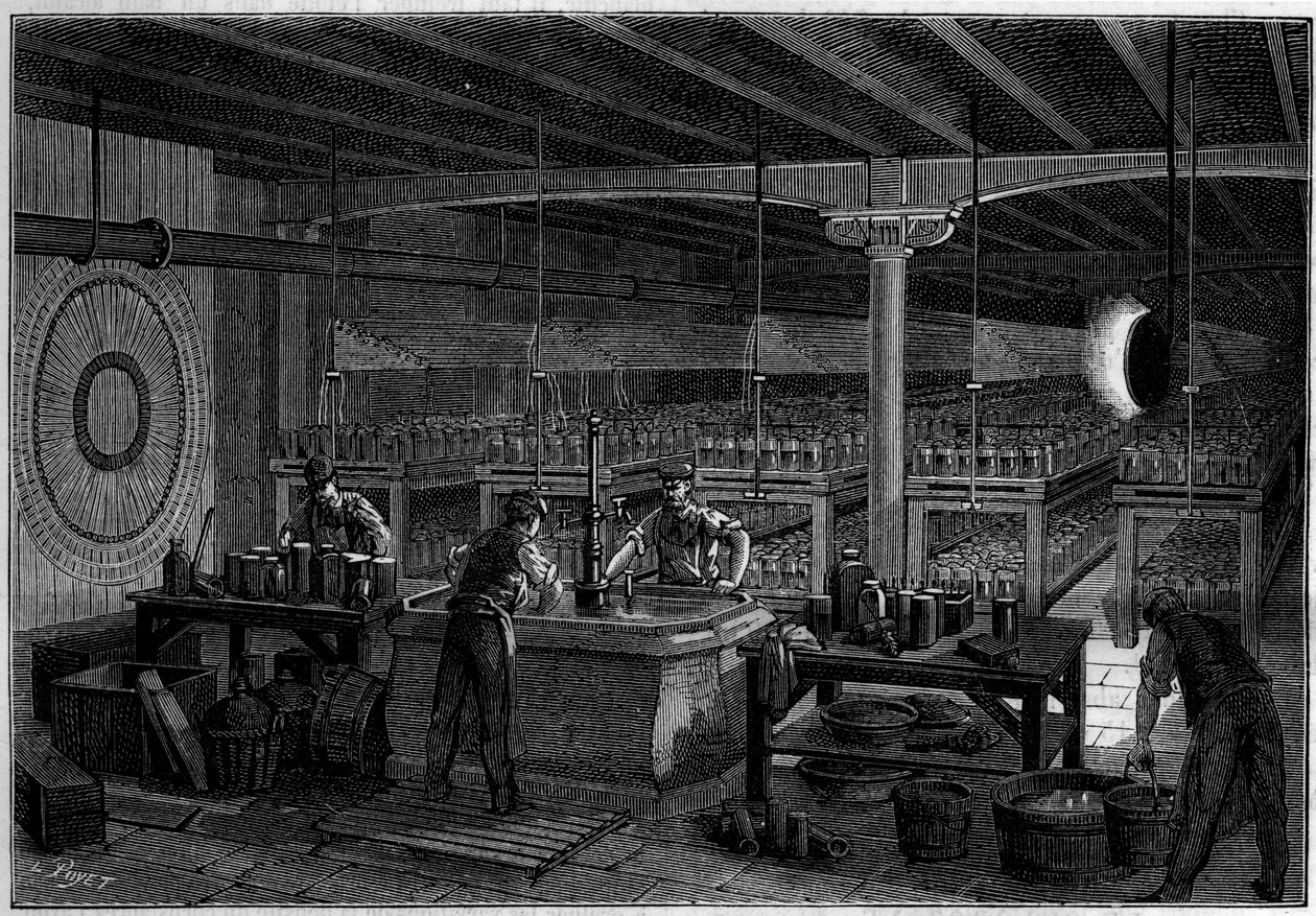 Batterirummet (yta 400 kvadratmeter) i centralkontoret för telegrafer i Paris. i naturen. Granskning av vetenskap och dess tillämpningar på konst och industri. 1884. av French School