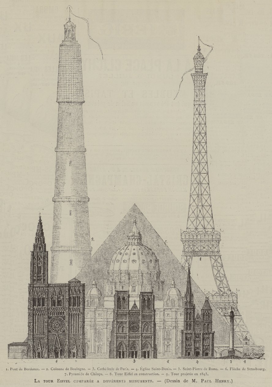 La tour Eiffel jämförd med olika monument (gravyr) av French School