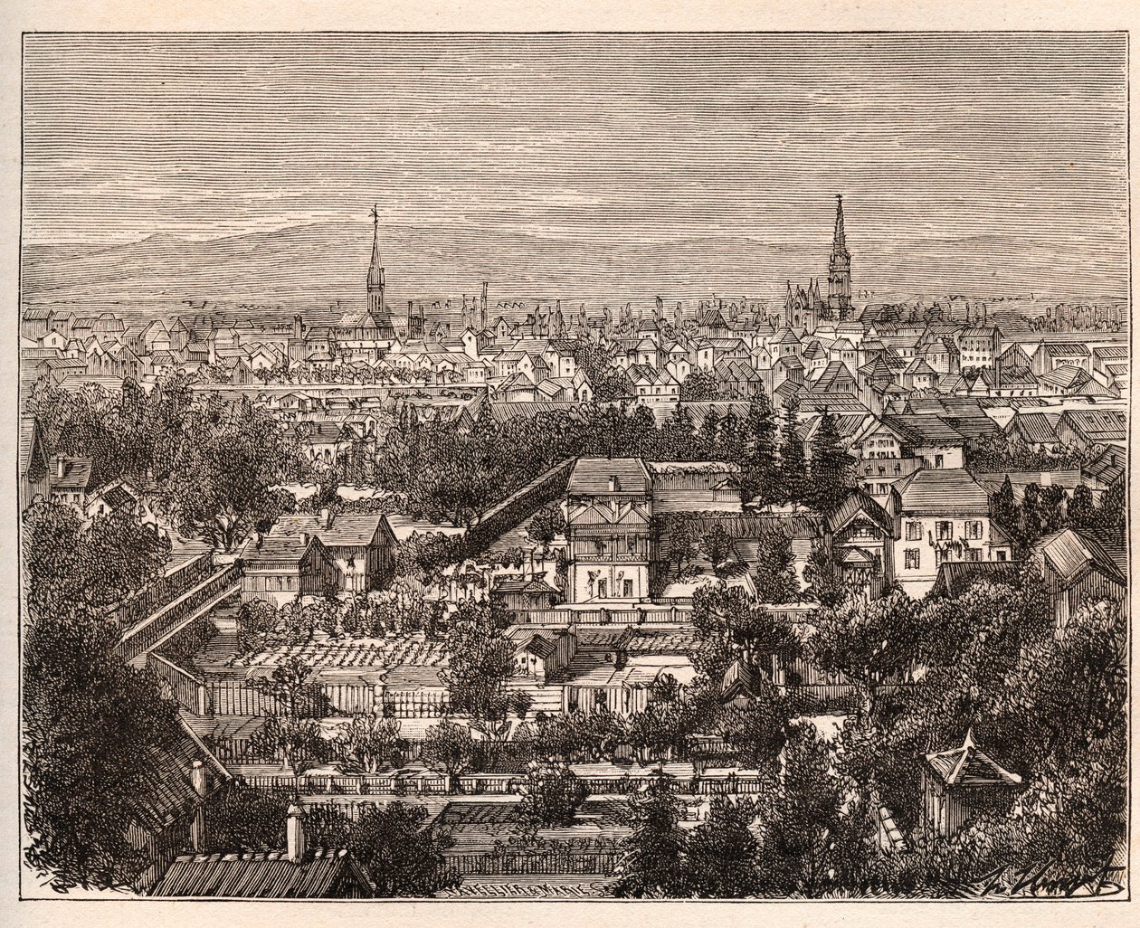 Staden Mulhouse (Haut-Rhin) - gravyr i "La France illustrée: geografi, historia, statistisk administration" av V.A. Malt-Brown. 1884 av French School
