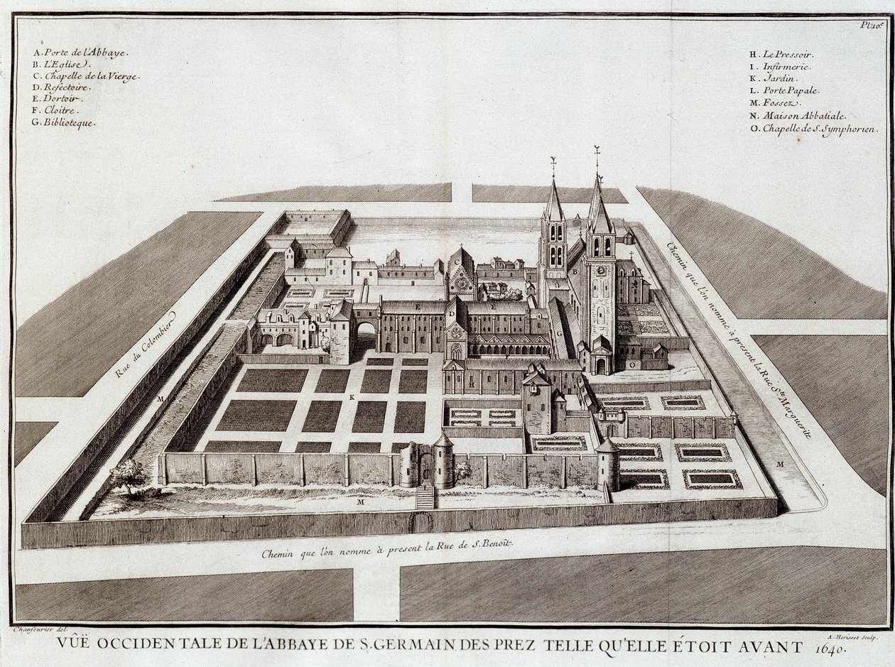Abbey of Saint Germain före 1640 - i "" History of the abbey of St Germain des Pres"" av Dom Jacques Bouillart, red. Dupuis, Paris av French School