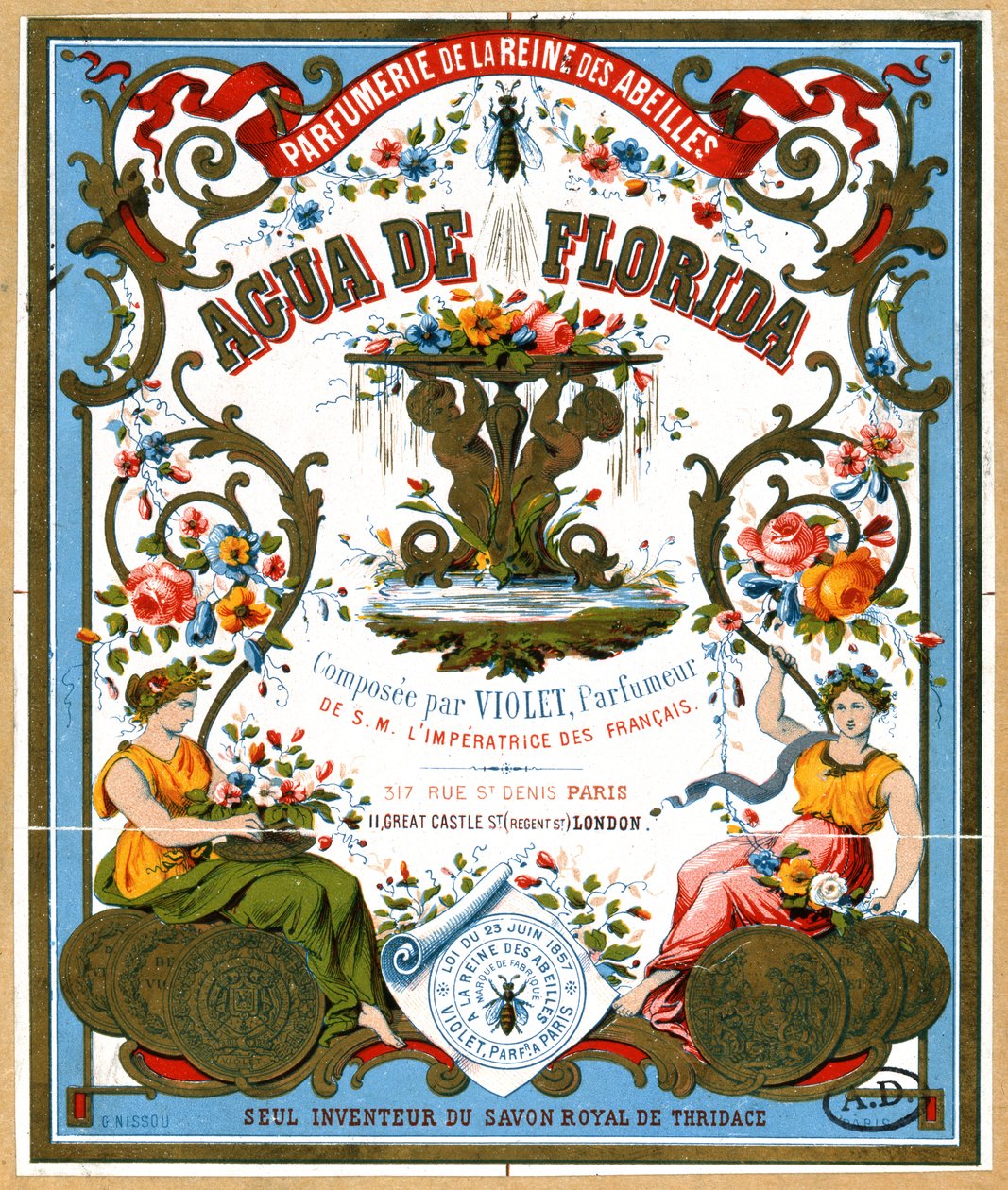 Etikettreklam Aqua de Florida-parfym från parfymbutiken La Reine des Abeilles, Paris, 1800-talets andra hälft av French School