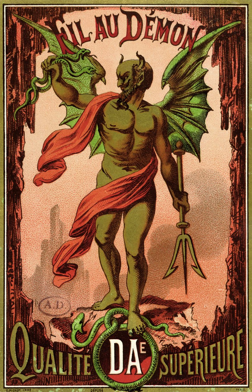 Etikett för sytråd av märket Fil au Demon, ca 1880-90 av French School