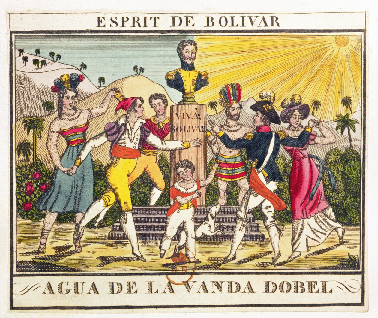 Etikett för lavendelvatten som frammanar Bolivars anda, ca 1830 (färggravyr) av French School