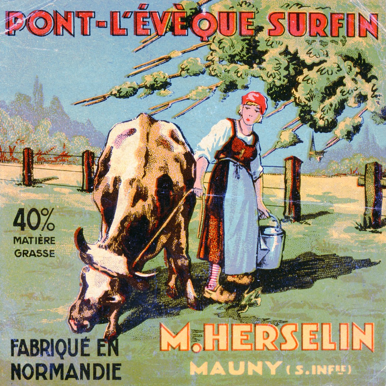 Etikett för Pont-LEveque-ost gjord av ostmakaren M. Herselin, tidigt 1900-tal av French School