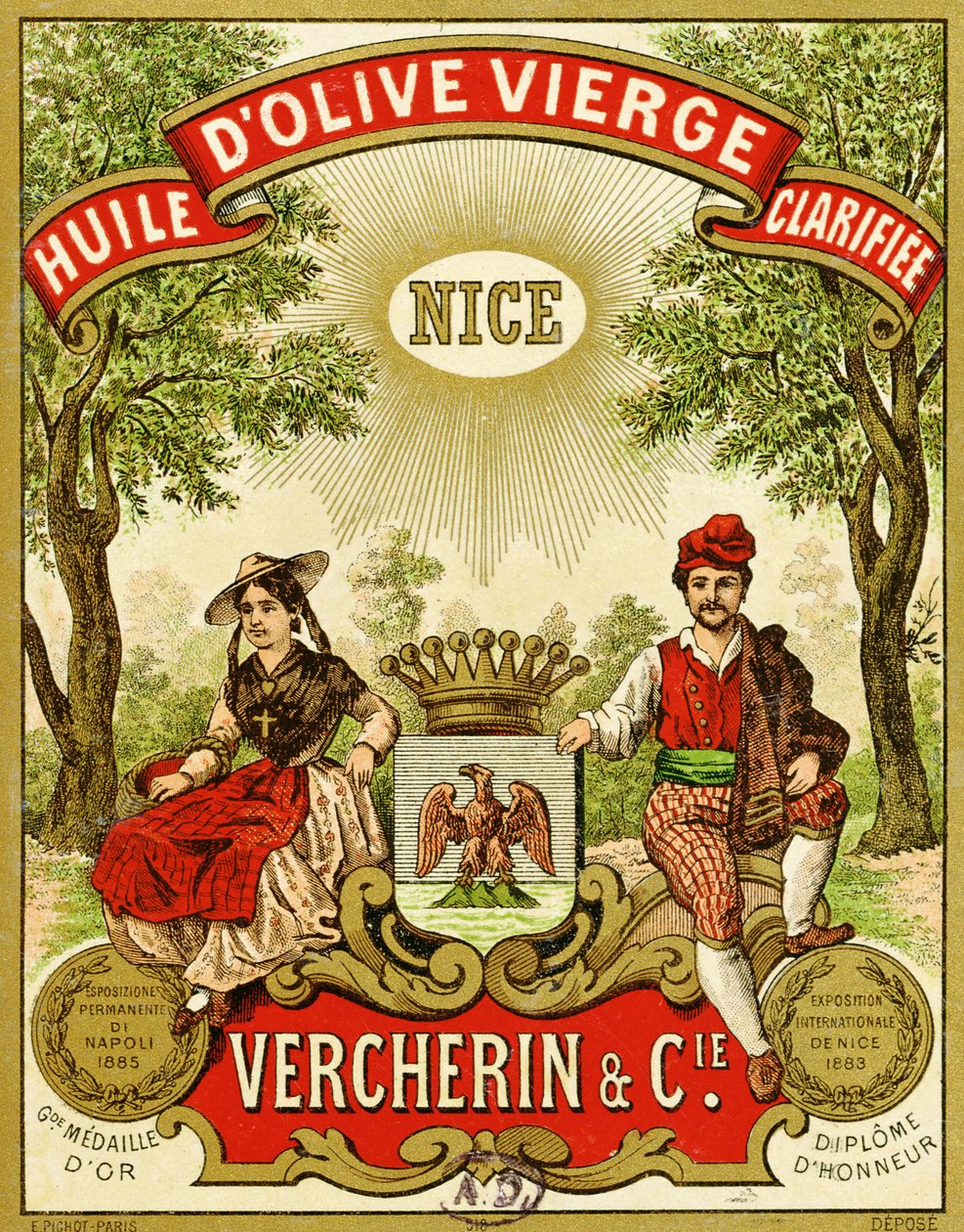 Etikett för Vercherin Extra Virgin Olive Oil, c.1885-90 av French School