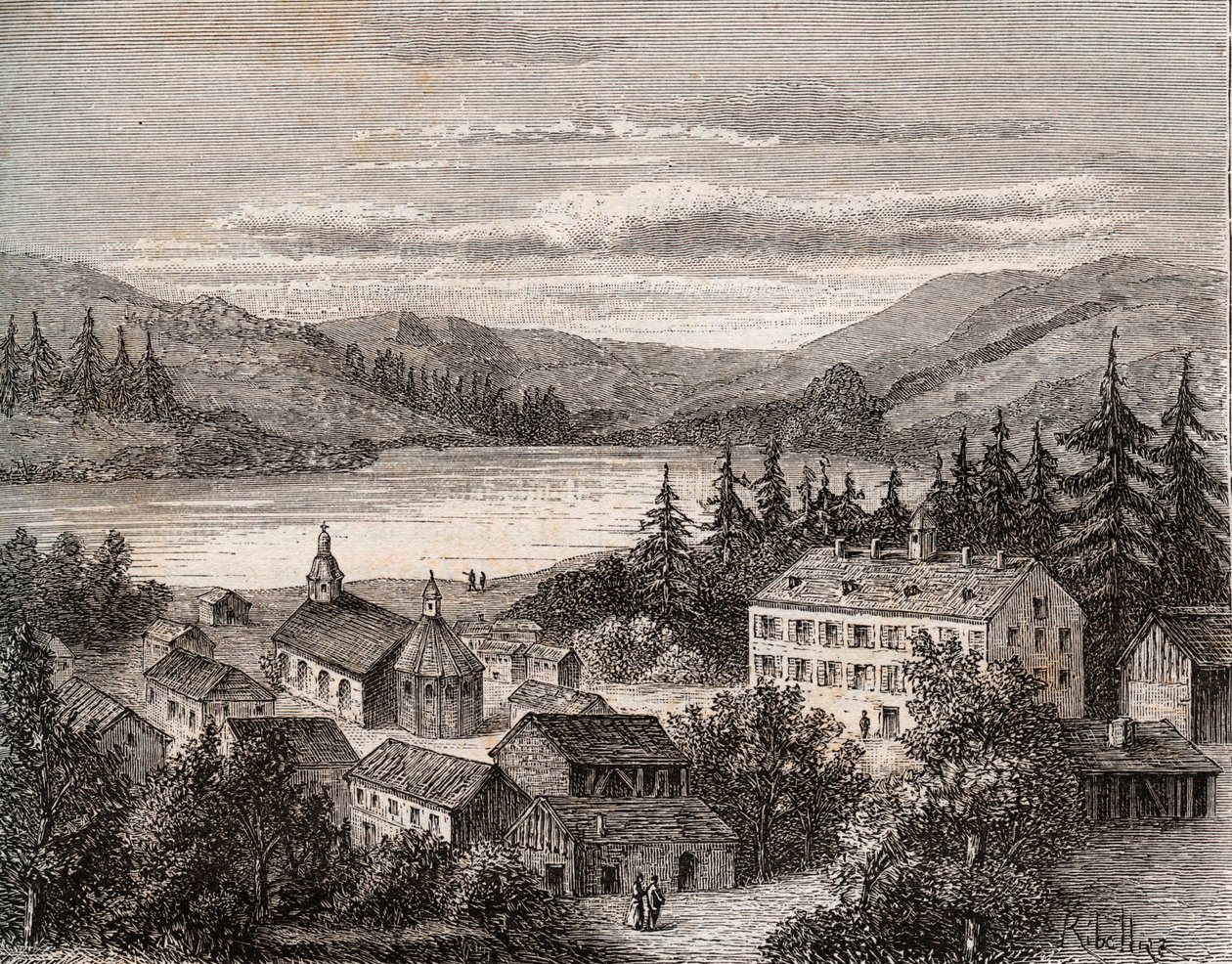 Lac de Gerardmer - Alsace Champagne Ardenne Lorraine - gravyr i "La France illustree: geografi, historia, statistisk administration" av V.A. Malt-brunt. 1884 av French School