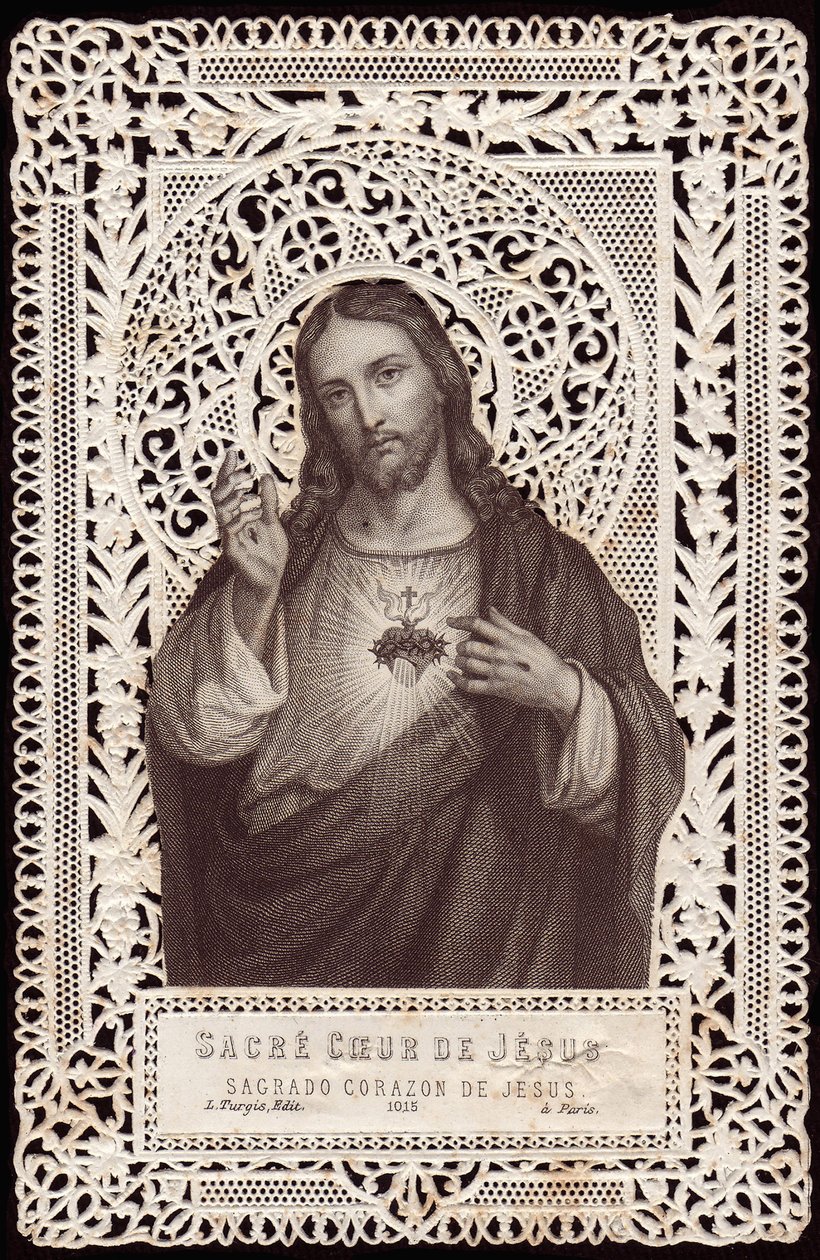 Spetskort som visar The Sacred Heart of Jesus, 1800-talet (bw litho) av French School