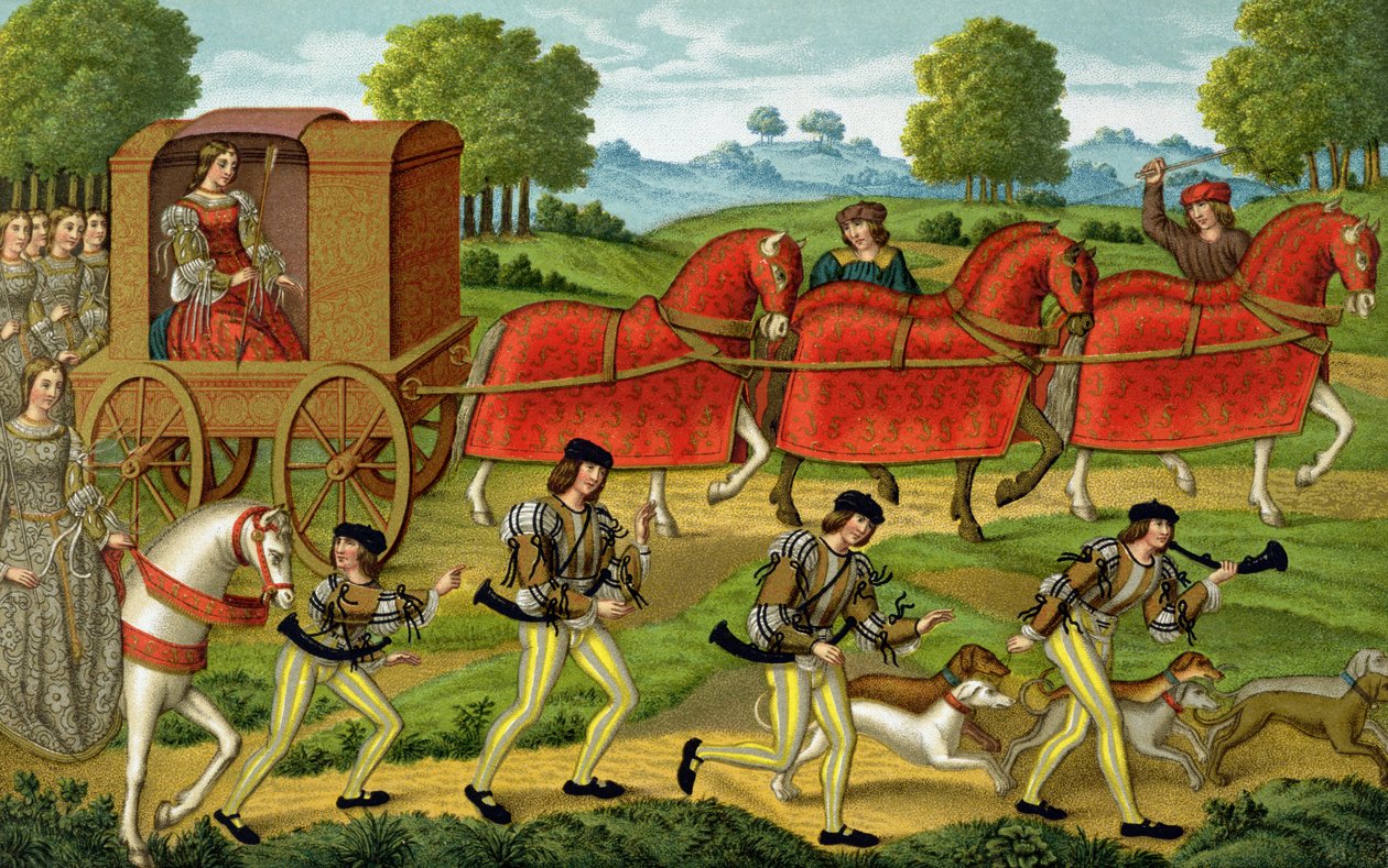 Ladies Hunting, från en miniatyr i en manuskriptkopia av Ovids epistlar av French School