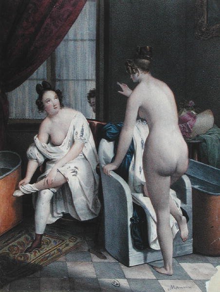 Damer som tar ett bad, ca 1840 (litho i färg) av French School