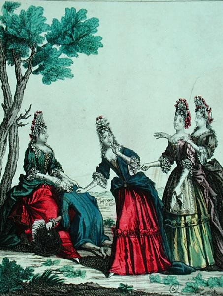 Damer som spelar gissningslek med en gentleman, 1600-talets andra hälft (färggravyr) av French School