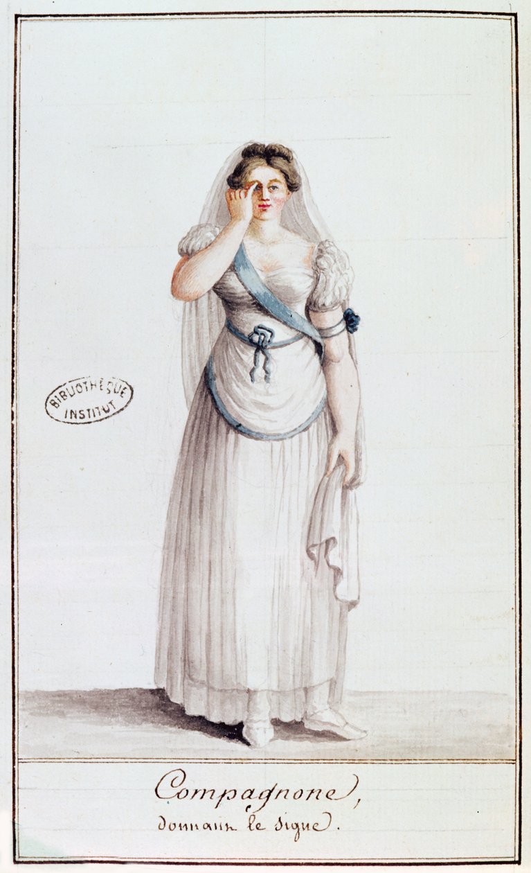 Lady Freemason ger ett tecken, 1805 (wcolour) av French School