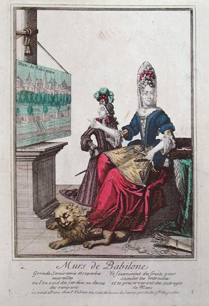 Dam som visar en bild av Semiramis och Babylons hängande trädgårdar (färg litho) av French School