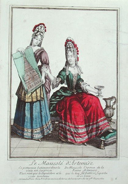 En kvinna visar en bild av mausoleet i Halicarnassus (litografi i färg) av French School