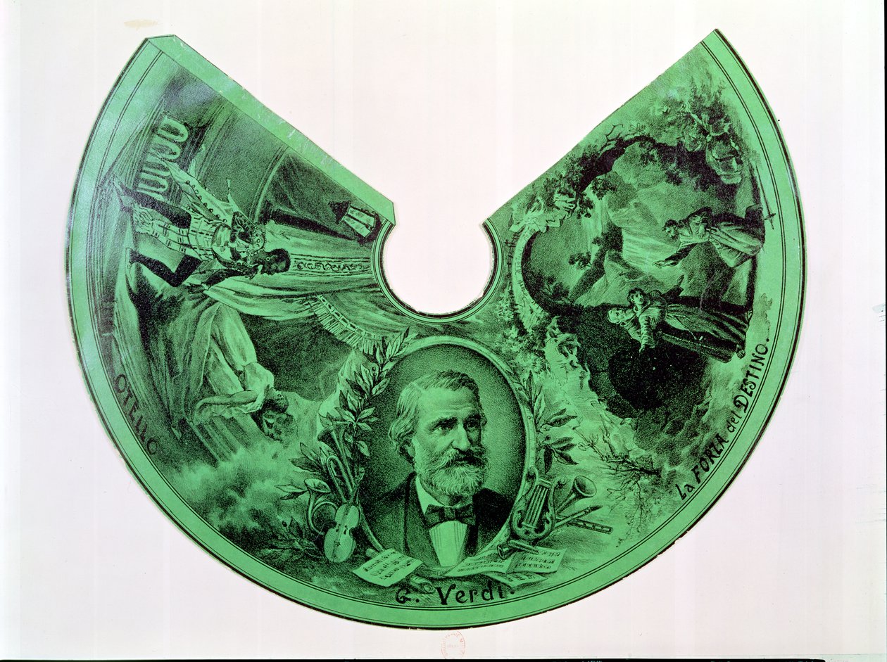 Lampskärm dekorerad med ett porträtt av Giuseppe Verdi (1813-1901) och scener från Othello och Ödets kraft (gravyr på papper) av French School