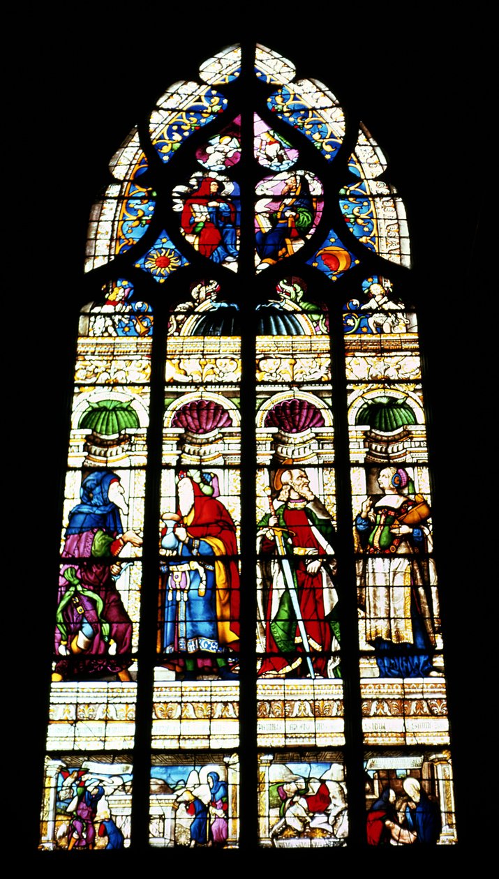 Lansettfönster föreställande fyra figurer i nischer, sent 1400-tidigt 1500-tal av French School