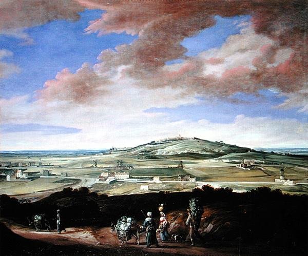 Landskap med en stad på en kulle (olja på duk) av French School