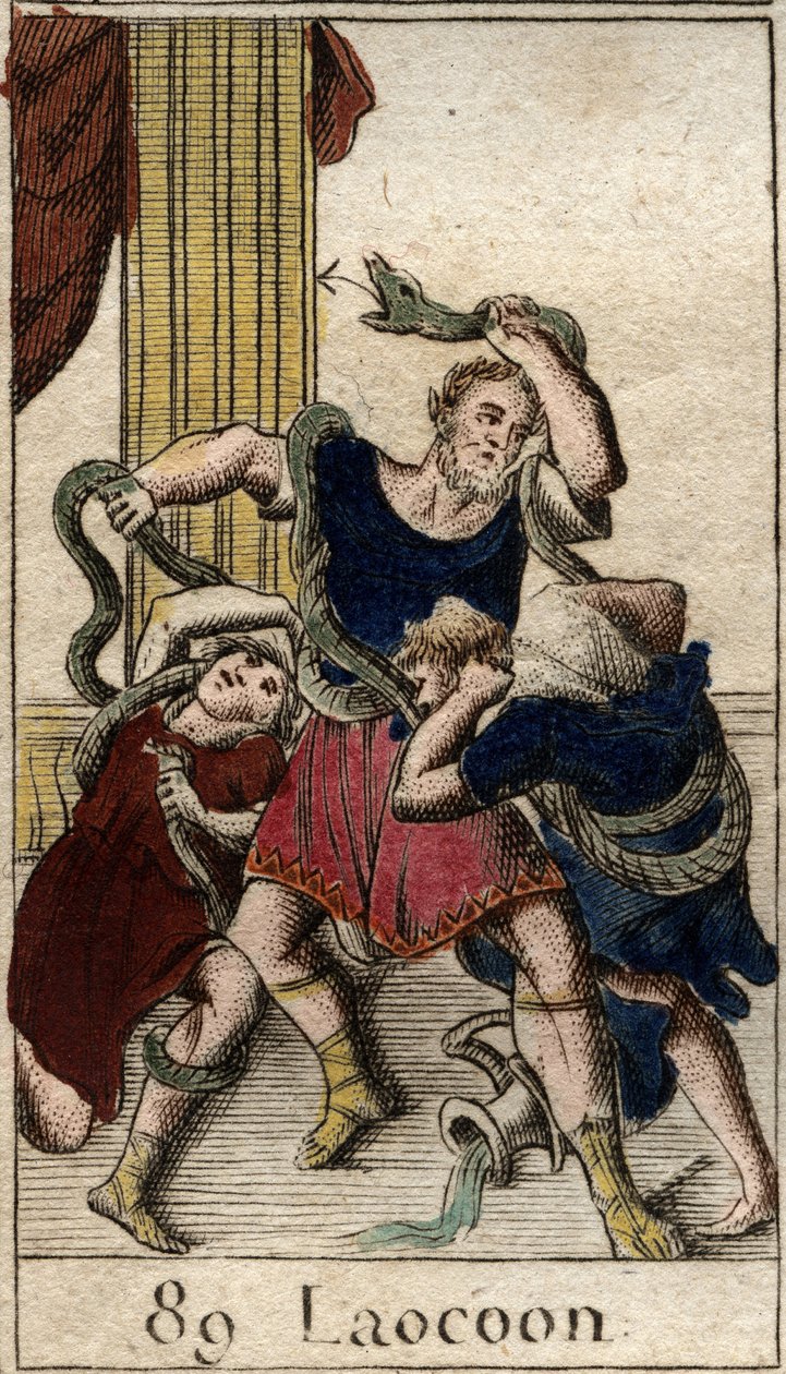 Laocoon Minerve som stöder grekerna skickar havsormarna för att attackera Laocoon som varnar invånarna i staden Troja för hästen. Ormar kastade sig över hans två söner och flyttade dem och attackerade sedan Laokoon. (Minerva som stöder grekerna skickade av French School