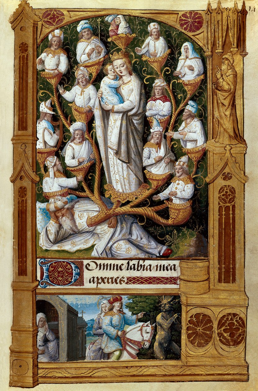 ""Jesses träd"" Jesse, Davids far, vilar nedanför, ovanför sina ättlingar. Miniatyr av den franska skolan på 1400-talet. Madrid, Nationalbiblioteket av French School