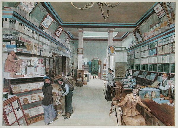 Stor livsmedelsbutik i England, ca. 1900 (akvarell på papper) av French School
