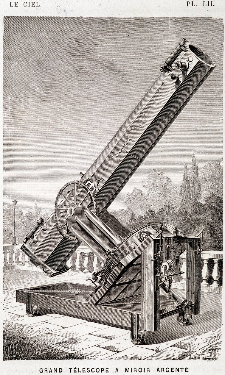 Stort silverspegelteleskop (Léon Foucault-systemet), ekvatorialt monterat för Marseille-observatoriet - i "" Le Ciel" av Amédée Guillemin, Hachette, Paris av French School