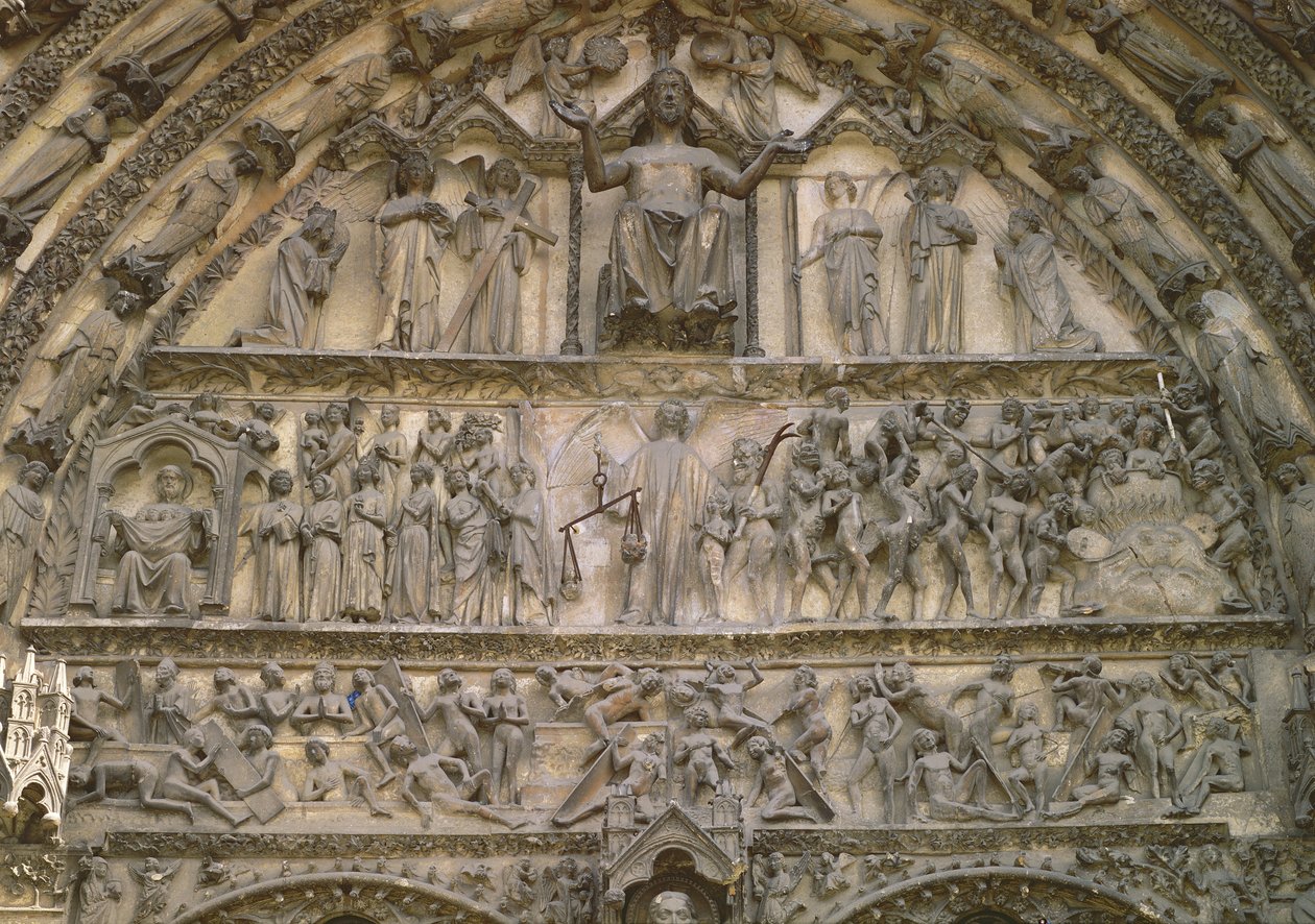 Sista domen, tympanum i den centrala portalen av västra fasaden, 1200-talet av French School