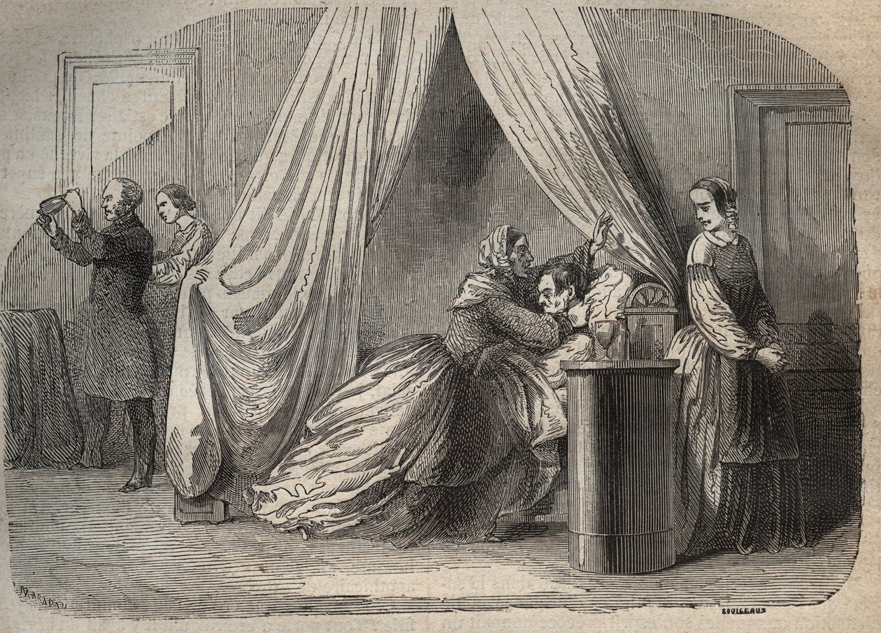 Sista ögonblicken av Charles Lafarge (1811-1840), make till Marie Fortunee Capelle, Marie Lafarge (Madame) (1816-1852) fransk brottsling - Gravyr i "Causes celebres de tous les peuple" av Armand Fouquier (1817-18?) 1858 -1867 - privat samling av French School