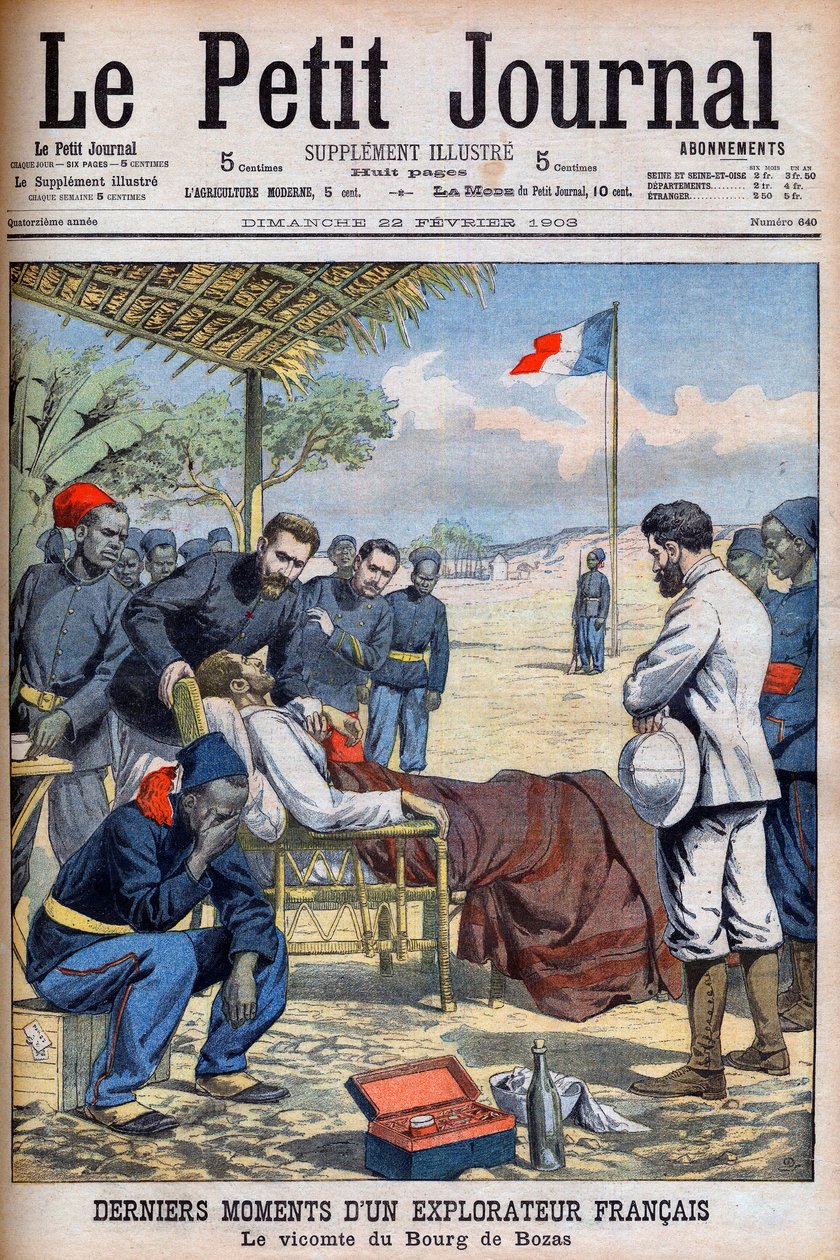 Sista ögonblicken av en fransk upptäcktsresande Viscount Pierre Marie Robert Du Bourg de Bozas (1871-1903) i Bourg de Boza i tropiska Afrika "Le Petit Journal" 22 februari av French School
