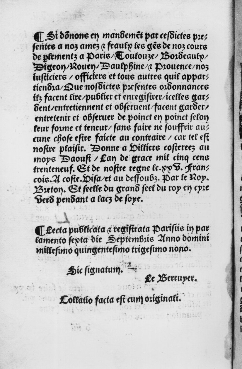 Sista sidan av Villers-Cotterets förordning, 1539 (tryckt papper) av French School