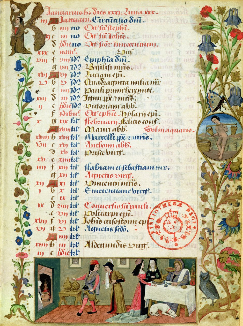 Lat 1173 f. 1 januari; figurer som äter och dricker, av Robinet Testard, från Charles Hours of Angouleme av French School