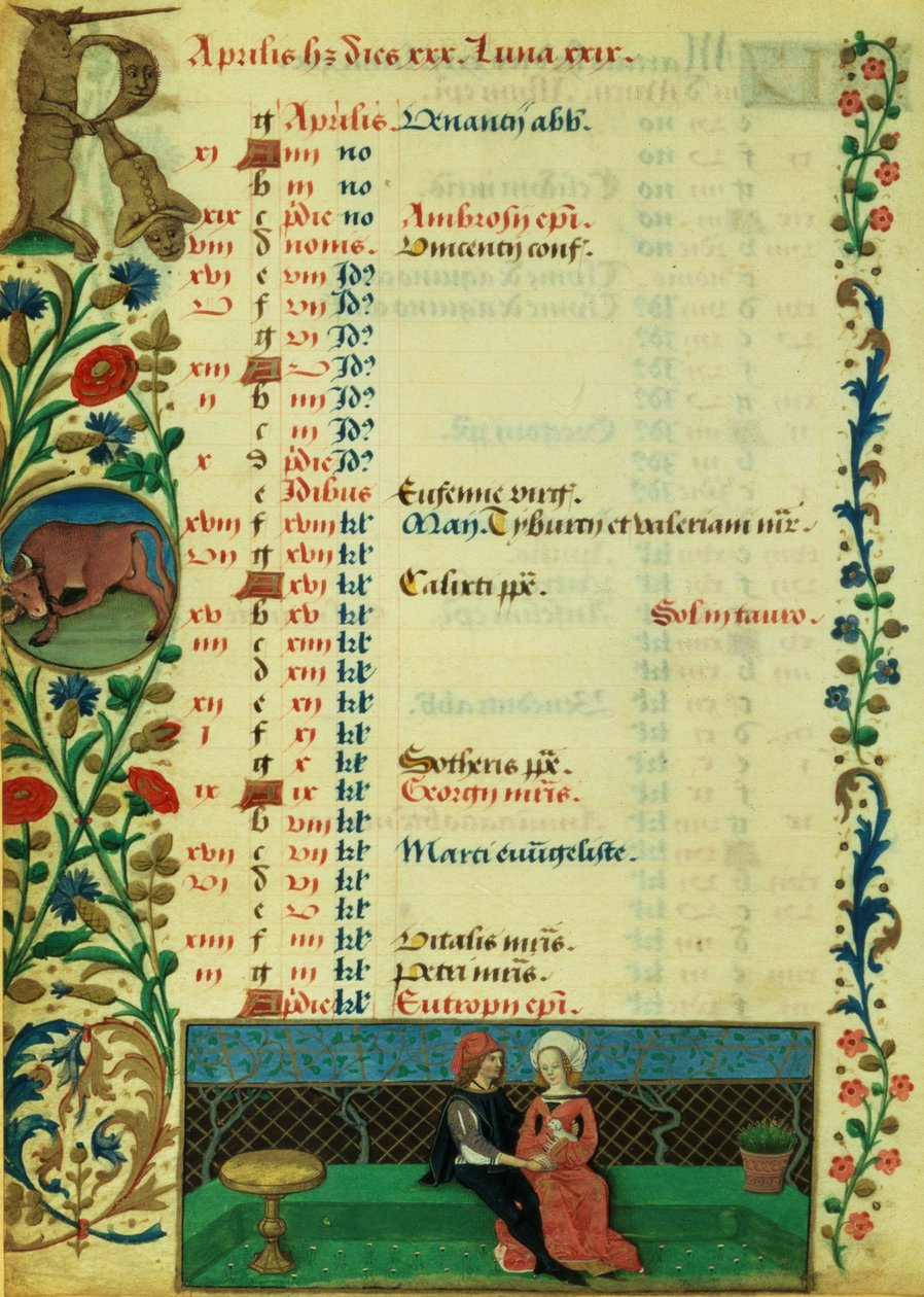 Lat 1173 f.2v april; Två älskare som sitter utomhus, av Robinet Testard, från The Hours of Charles of Angouleme av French School