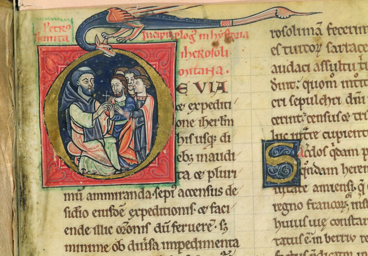 Lat 5128 f.1 Eremiten Peter delar ut kors, ur "Jerusalems historia..." av munken Robert (pergament) av French School