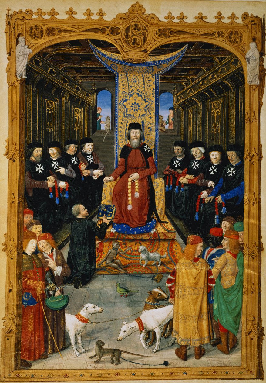Lat 6067 f.3v Författaren tillägnar sin bok till Pierre dAubusson, stormästare av Johannesorden av Jerusalem, från A History of the Siege of Rhodes, av Guillaume Caoursin, 1483 av French School