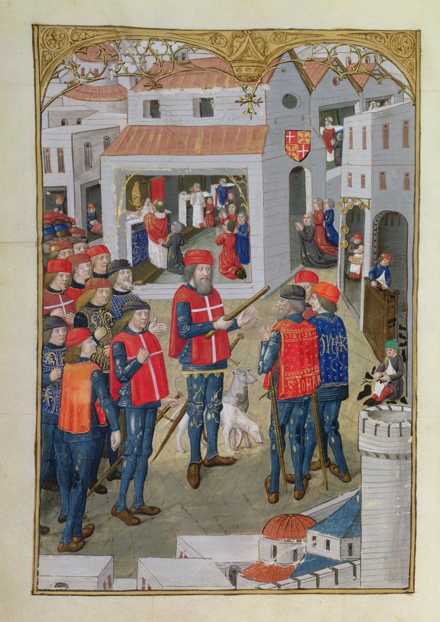 Lat 6067 fol.33v Riddarna av Johannes av Jerusalem förbereder sig på att försvara Rhodos, från A History of the Siege of Rhodes, av Guillaume Caoursin, 1483 av French School