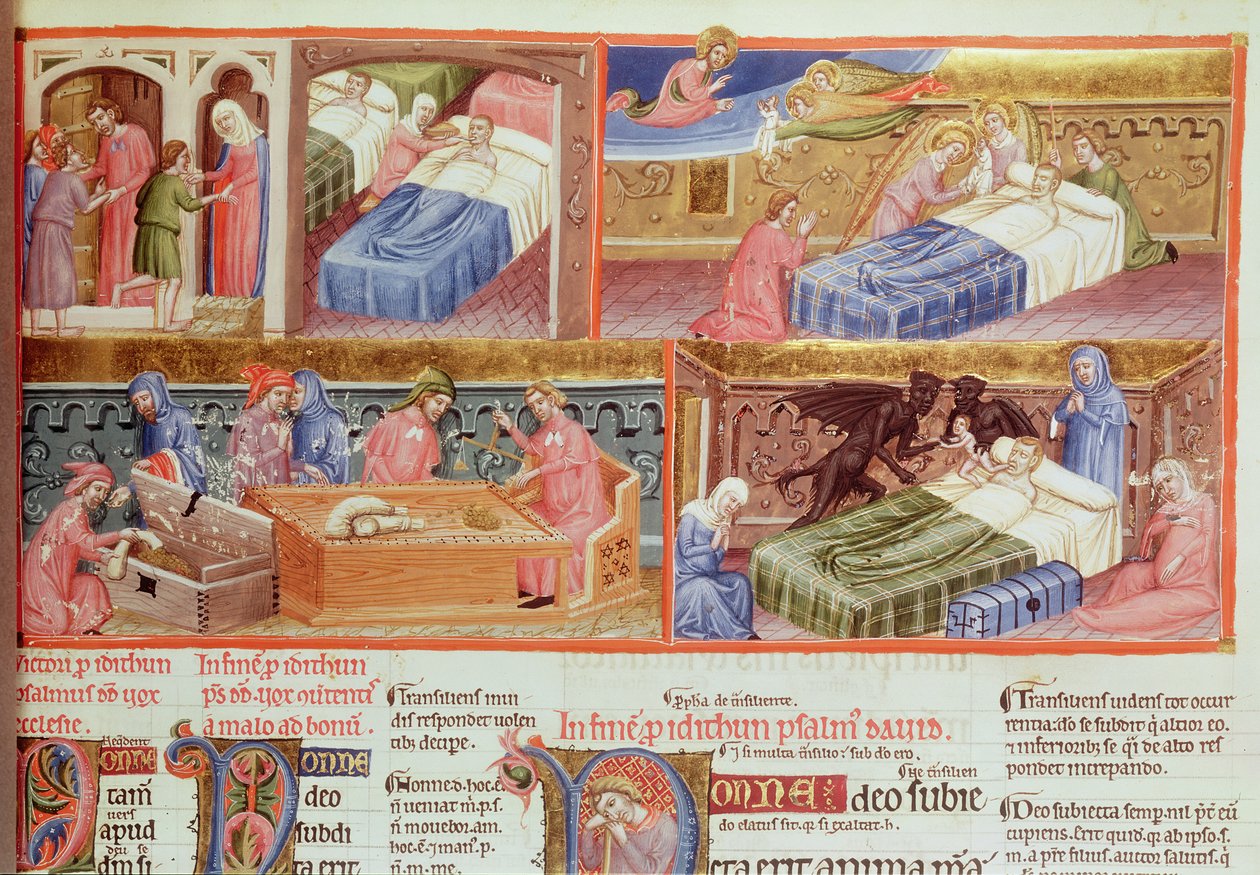 Lat 8846 f.106 God man förs till himlen och girig man till helvetet, från Hebraica Romana Gallica av French School