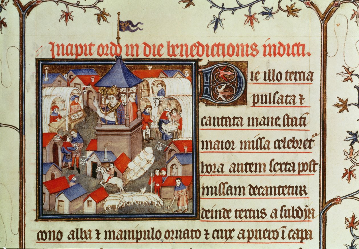 Lat 962 f.264 Miniatyr av en biskop som välsignar den årliga mässan eller marknaden som hölls under två veckor i juni på St. Denis slätter, från en påvlig kyrka, 1301-1400 av French School