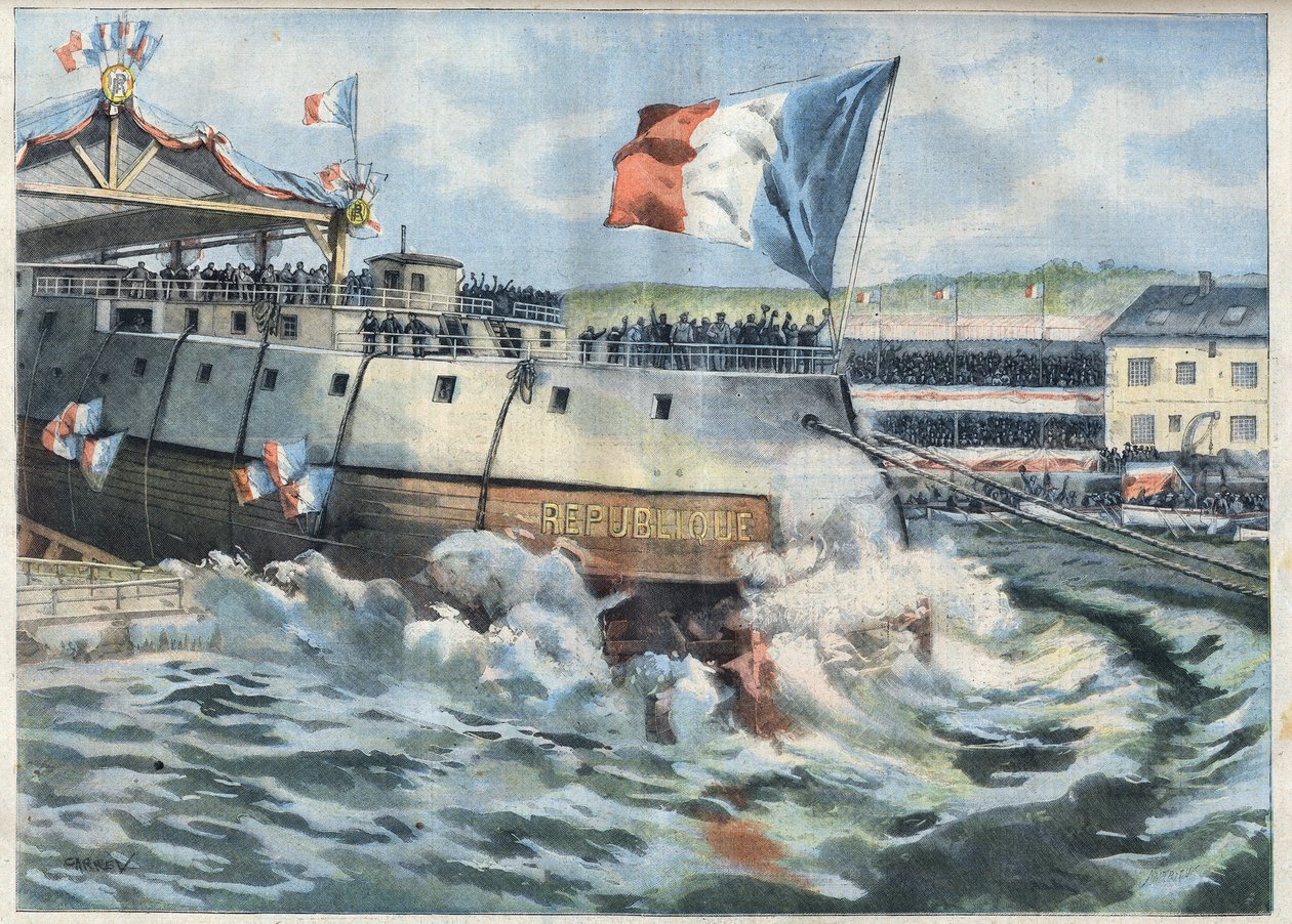 Lansering av Cuirasse ""Republique"" i Brest, Frankrike. Gravyr i "" Le Petro Parisien"" av French School