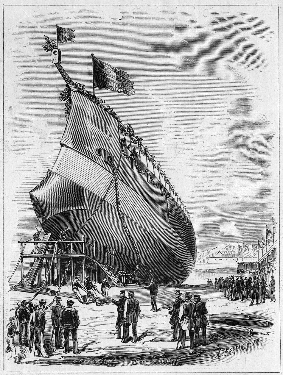 Lansering av pansarskeppet "" La Galissonniere"", 7 maj 1872 i hamnen i Brest, Finistere (29). Gravyr i "" Le Monde Illustré"" nr 789 av 25 maj 1872. av French School